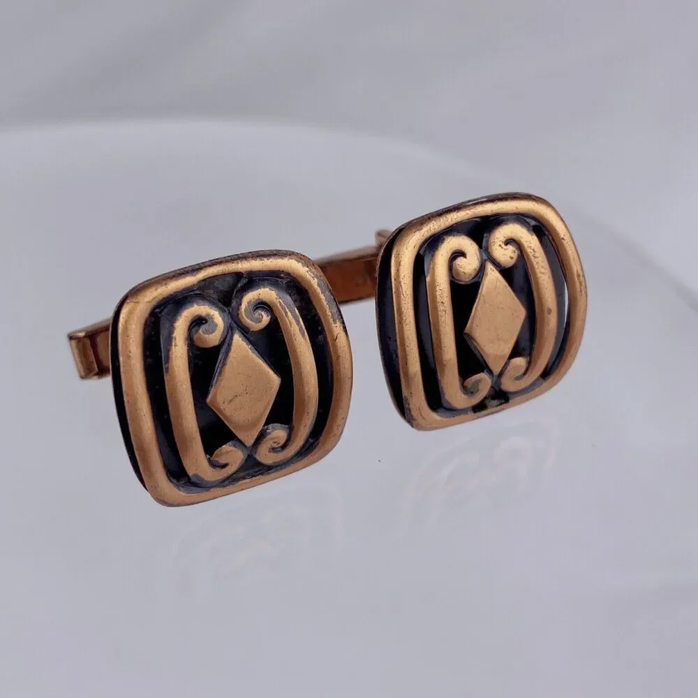 Copper & Black Modernist Scroll Cufflinks Diamond Modern Vintage L1